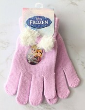 Disney Frozen Elsa Gloves Anna Purple Knit Mittens Fuzzy Pom Pom Warm Winter New