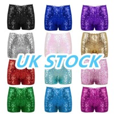 UK Kids Sparkly Sequin Shorts High Waist Gymnastic Shorts Jazz Dance Hot Pants