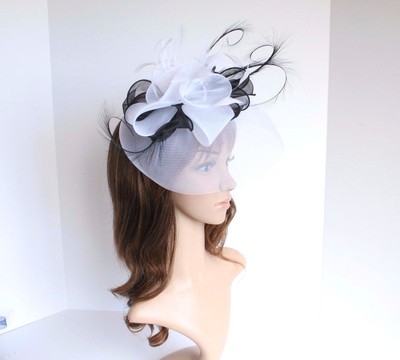 High Quality Kentucky Derby Wedding Polyester Feather Fascinator White/Black2406