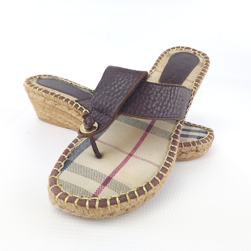 Burberry Nova Check 38 Brown Leather Espadrille Thong Wedge Sandal - 第 1/10 張圖片