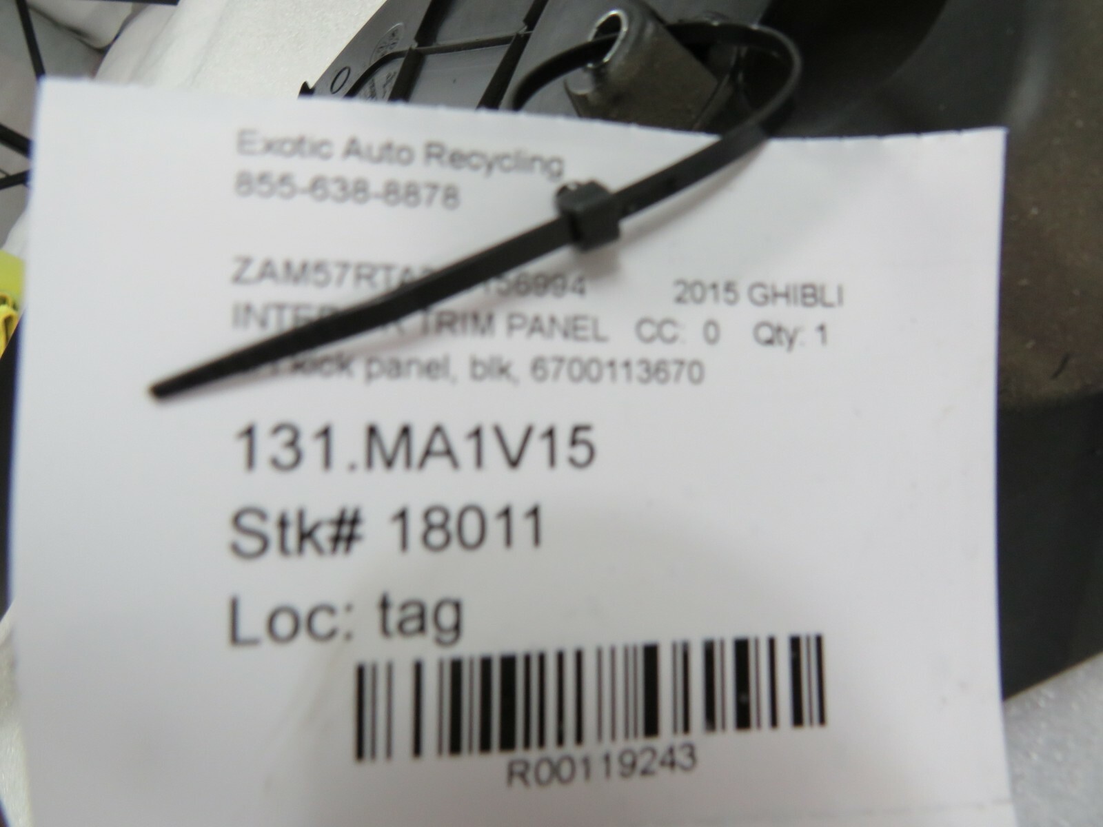 Maserati Ghibli, LH, Left Kick Trim Panel, Black, Used, P/N 6700113670