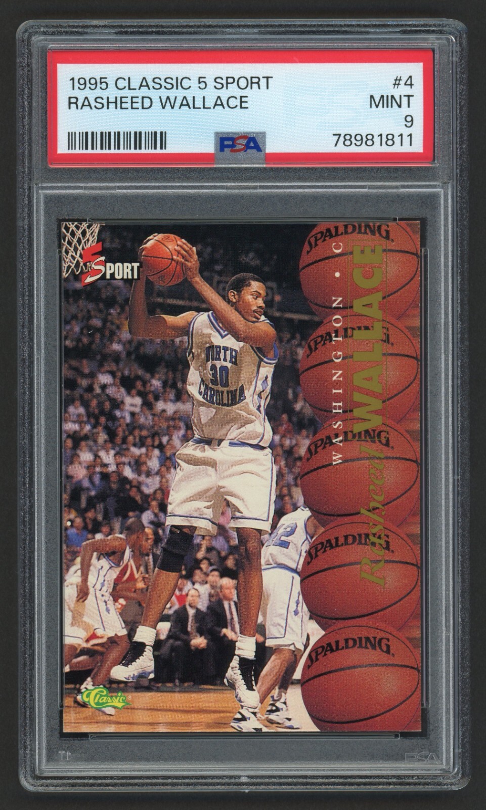 1995 CLASSIC 5 SPORT RASHEED WALLACE #4 ROOKIE RC TARHEELS PSA 9 MINT