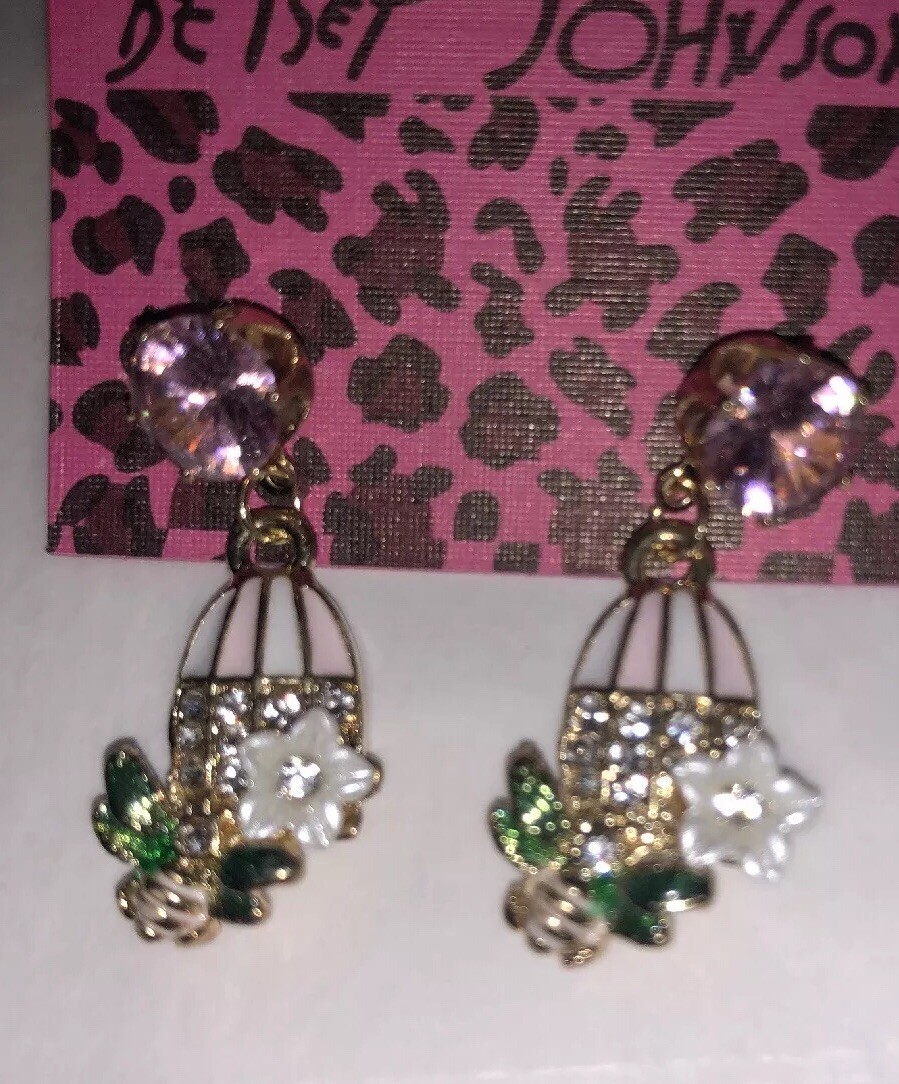 Betsey Johnson Bird Cage Bee Crystal Gold Earrings Gift Box  display picture 1