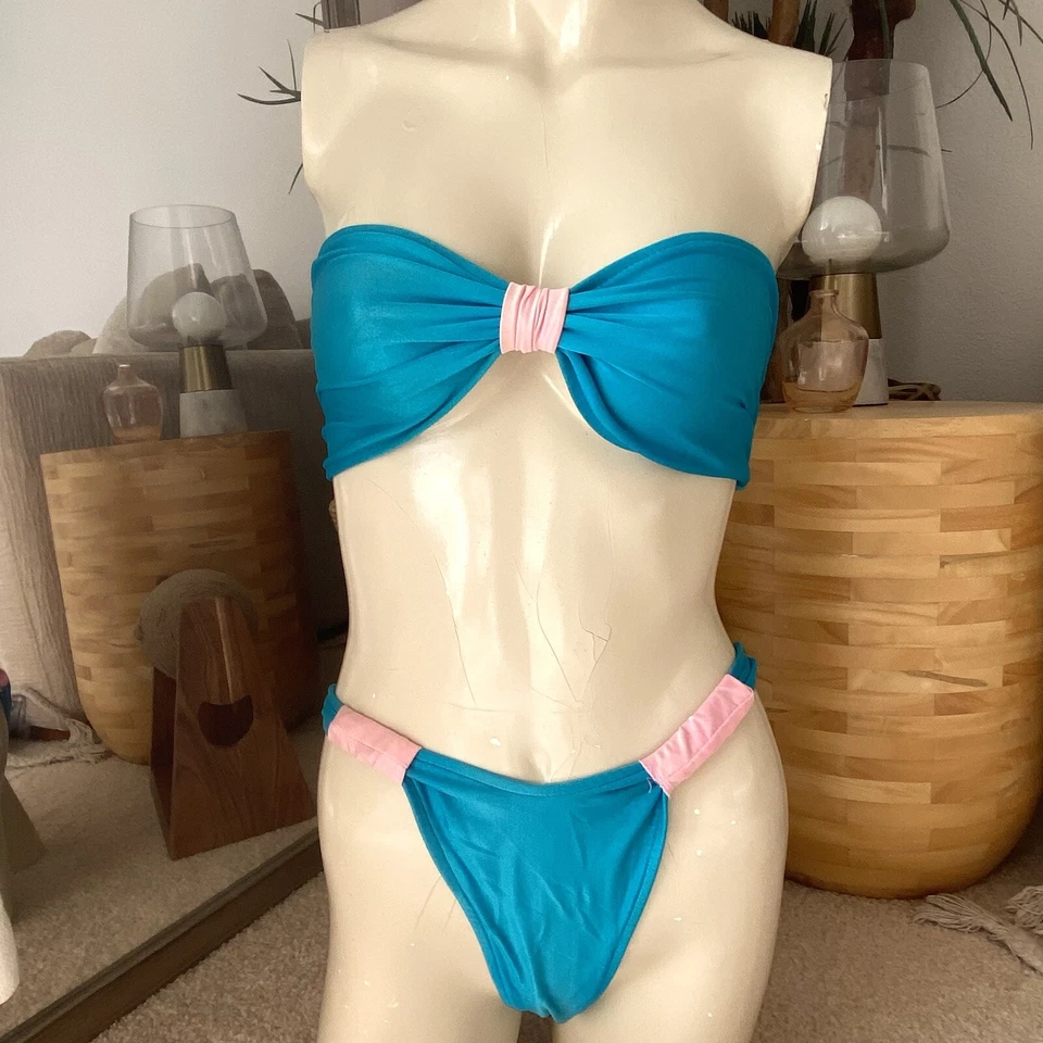Vintage 80s Women’s Hi Cut Bandeau Bikini Bathing Suit Swimsuit S Turquoise - Image 2 of 4