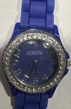 Geneva Wrist Watch w Sparkly Rhinestones BLUE Silicone Rubber Strap - Works