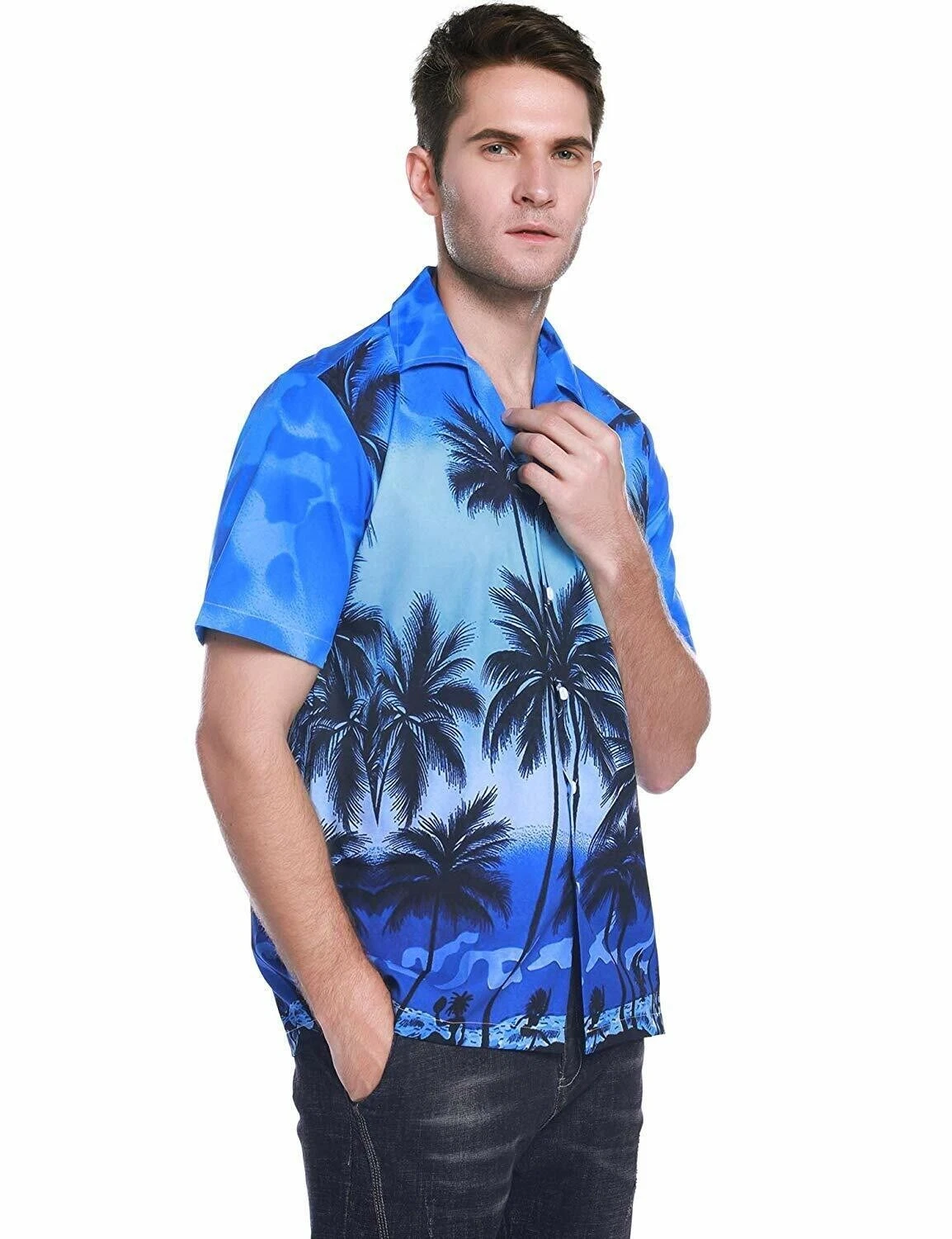 Palm Tree Printed Summer Shirt for Men Slim Fit Short Sleeve Button Front Medium
