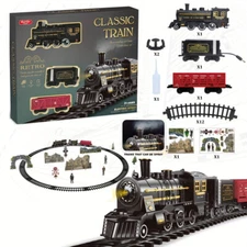 Retro Electric Train Set Vintage Steam Engine with Lights Sounds Long Track Gift