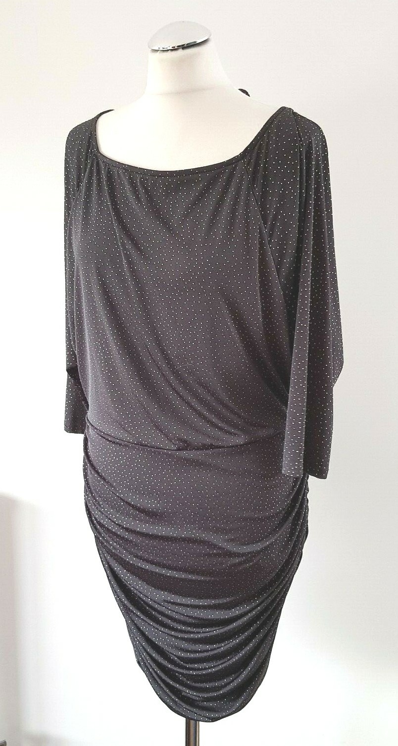 JANE NORMAN Grey Charcoal Studded Embellished Ruched Bodycon Dress UK 14 BNWT