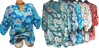 Italy Bluse Leinen Optik Flowers Basic Oversize Longbluse Damenbluse Hemd  44 46