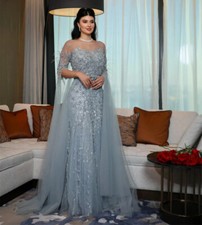 Elegant Light Blue A-Line Evening Dresses Scoop Neck Feather Beaded Party Gowns