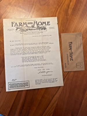 #ad FREE SHIP 1920 Farm and Home Subscription Letter and Original Envelope $20.00