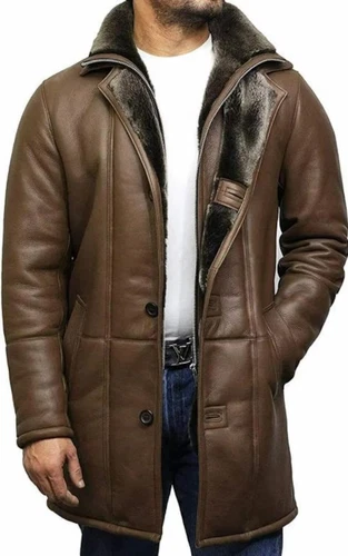 Men's Sheepskin Leather Shearling Coat | Real Fur Lined Winter Warm Long Jacket image 2