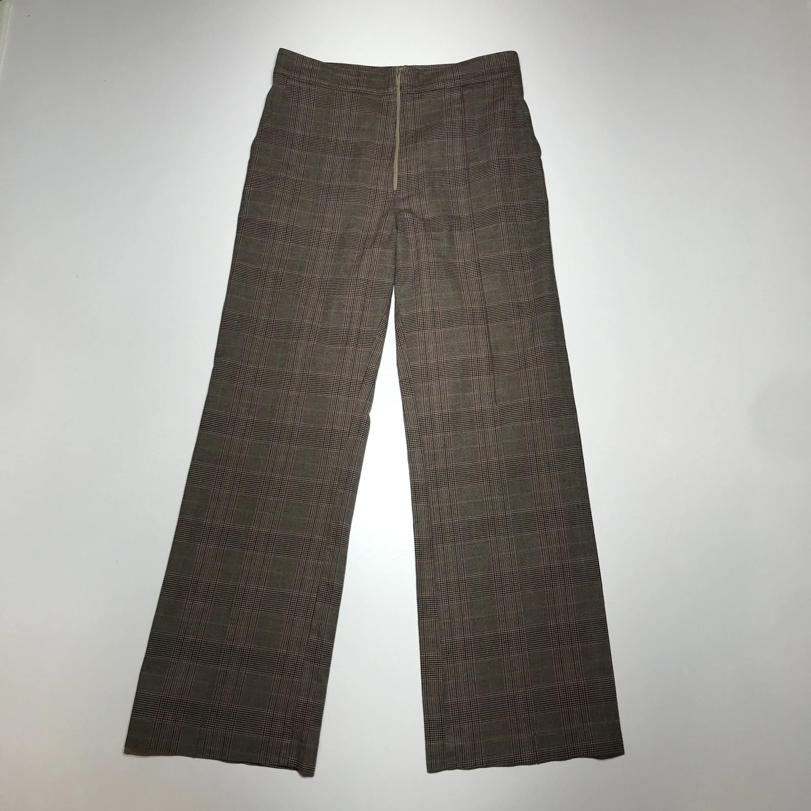 Mette Moller Pants Size 28 Wide Leg Brown Glen Plaid Zip Front Trouser Academia