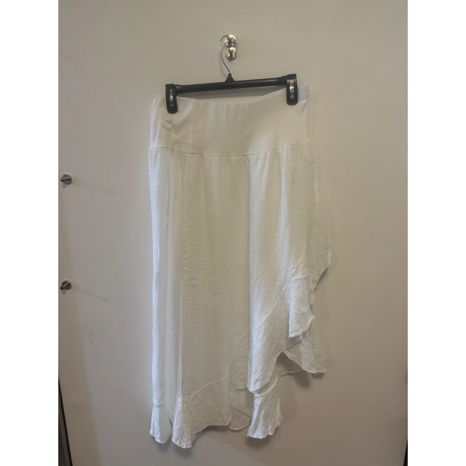Made in Italy White Linen Asymmetrical Ruffle Tiered Midi Skirt XL