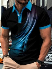 Stylish Men Black Blue Wave Print Polo Shirt Short Sleeve Contrast Collar Casual