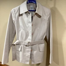 MK Michel Klein Womens Collared Button Up Mid-Length Beige coat w/belt Size 38