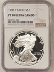 1998-P PROOF $1 AMERICAN SILVER EAGLE, 1 OZ .999 – NGC PF-70 ULTRA CAMEO