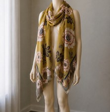 Oversized Mustard Floral Blanket Scarf Wrap Shawl Fringe Hem Boho Fall