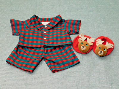 Build a Bear Werkstattkleidung rot/grün karierter Schlafanzug, Hausschuhe - Weihnachtsgeschenk