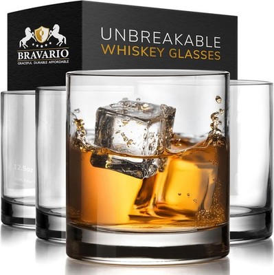 Bravario Unbreakable Whiskey Glasses, Plastic Rocks Glasses   12.5 oz Set of 4