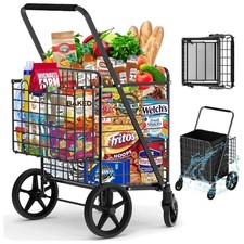 Heavy-Duty Collapsible Grocery Cart with Double Basket Stainless Steel Handle
