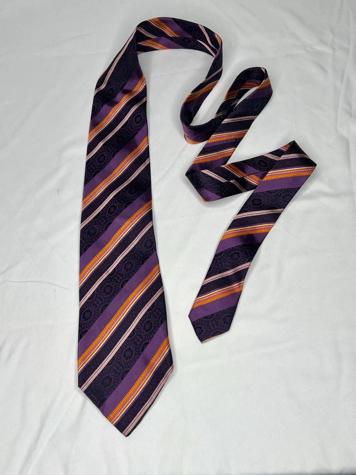 Corbata vintage Kenzo Silk Rep púrpura lavanda naranja gris rayas 1990 hecha en Italia Foto 2 de 4