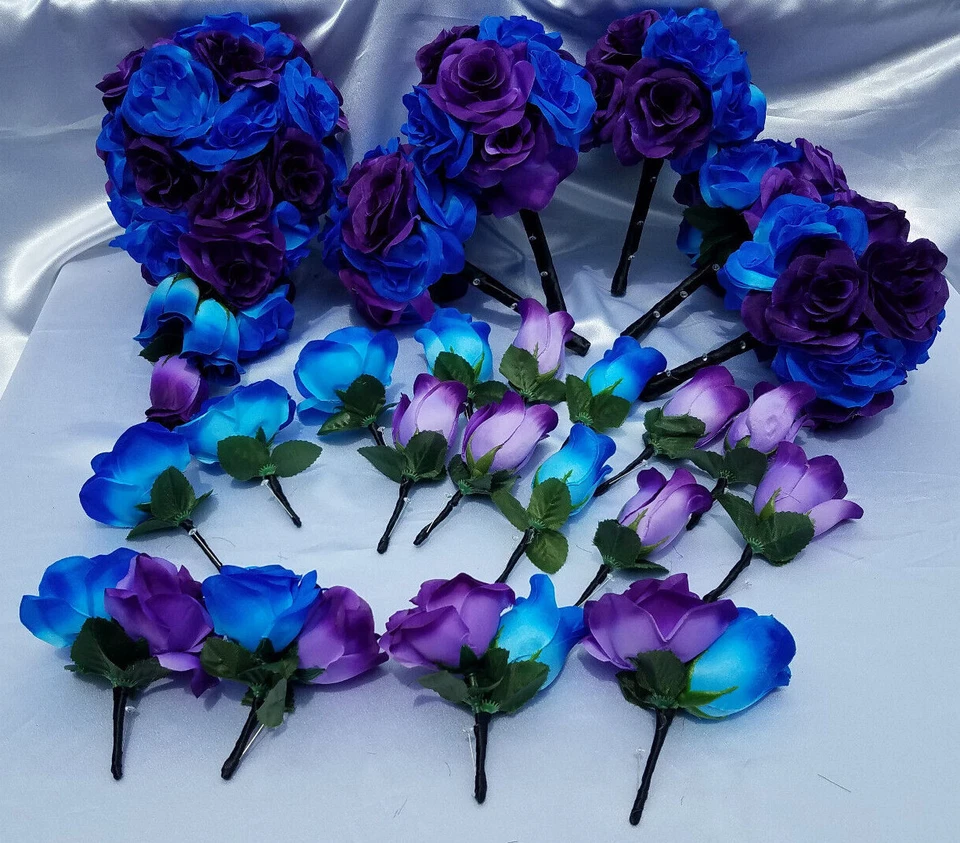 Paquete de ramo de boda de 22 piezas, púrpura, azul y negro, ramo de boda en cascada Foto 2 de 4