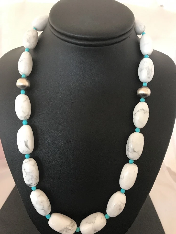 Navajo Sterling Silver White Howlite Turquoise Beads Necklace 22" 10241 - Image 2 of 4