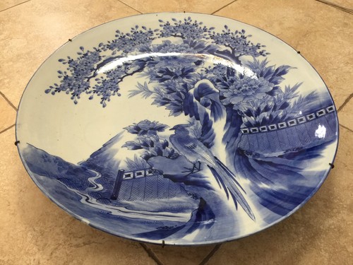 Huge Antique Arita Kajiwara Kiln Japanese Blue & White Handpainted Charger, 22" - Picture 2 of 12