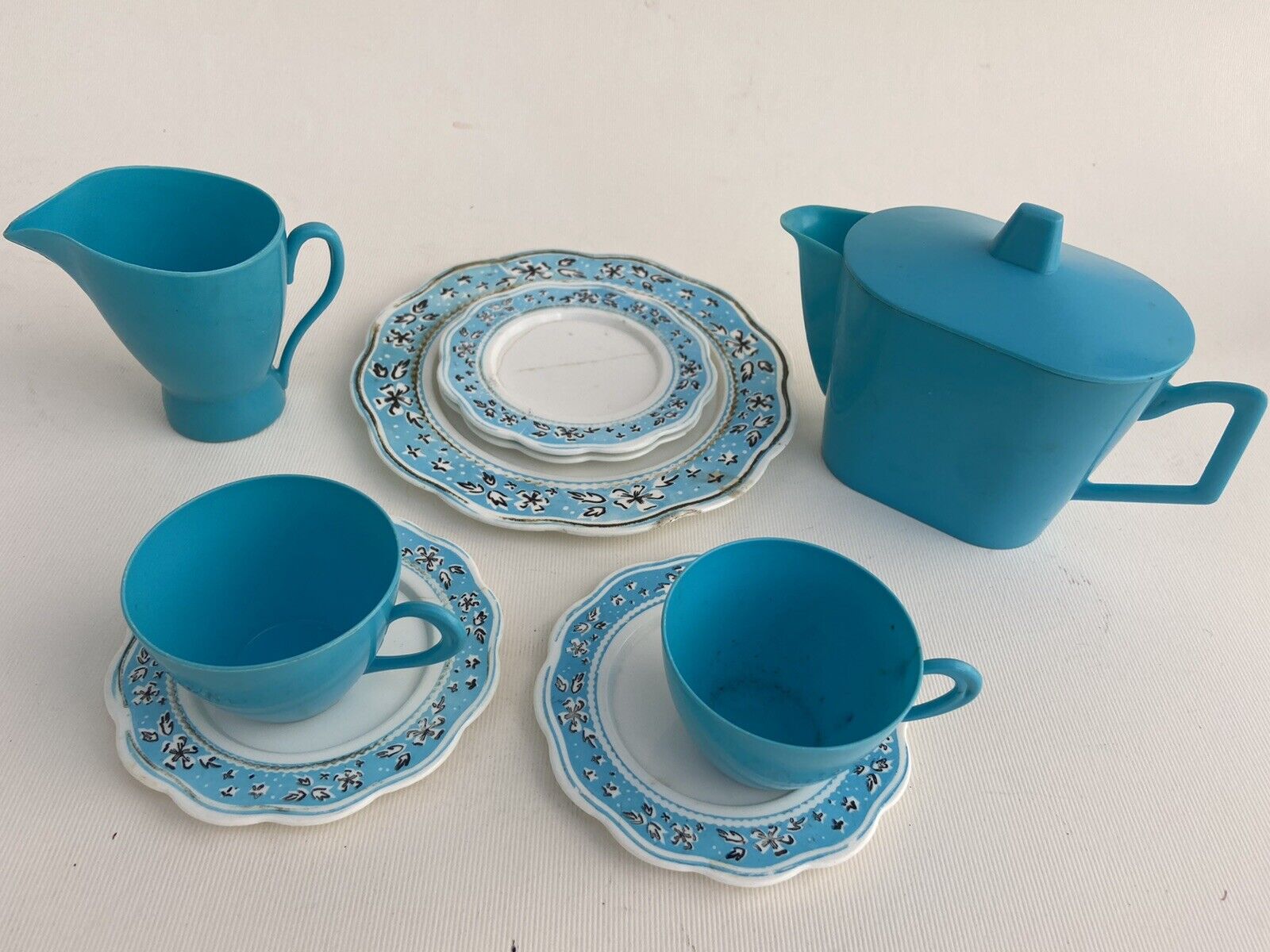 Vintage Toy Tea Set Minature 注目の福袋！ 華麗 Turquoise Creamer Cups Teapot P