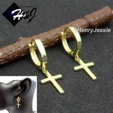 MEN WOMEN 925 STERLING SILVER PLAIN DANGLE CROSS GOLD PLATED HUGGIE EARRING*G244