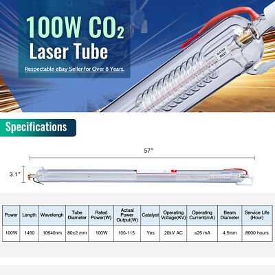 OMTech 100W CO2 Laser Tube 145cm 8cm for Engraving & Cutting Machines Water Cool