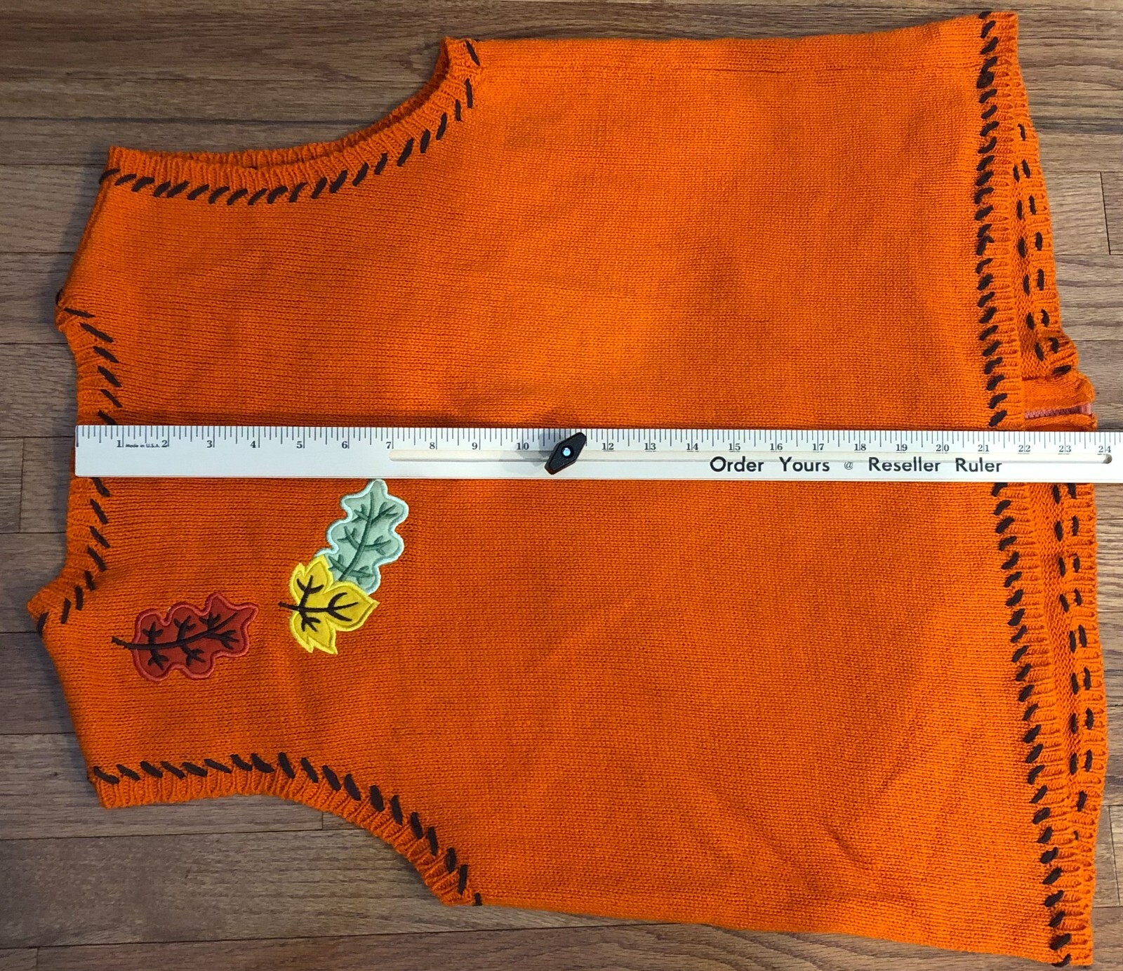 Vintage Knit Sweater Vest Fall Orange w/ Fall Appliqué Women’s Size Lg