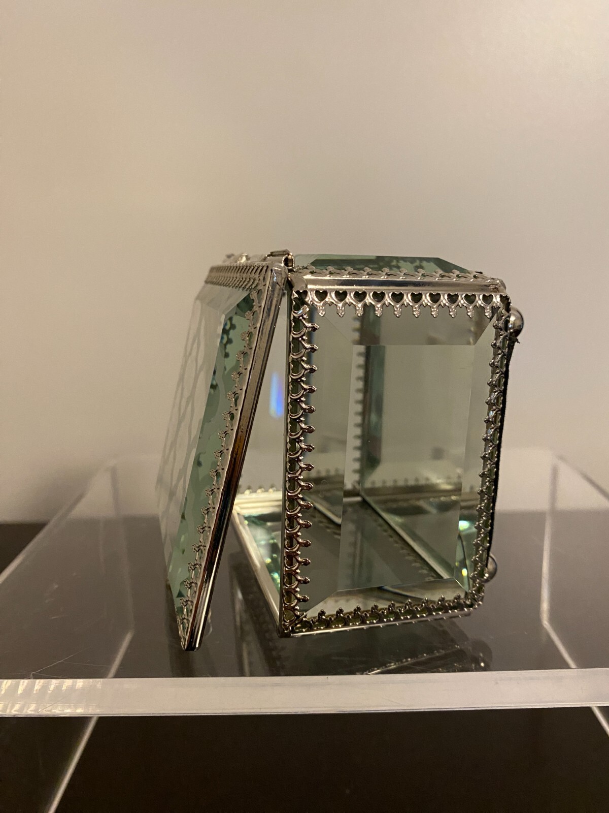 Nicole Miller Glass Mirrored Square Jewelry Trinket Box Hinged Lid eBay