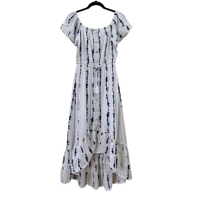 Womens S Cotton Blend Ruffle Hi-Low Midi Dress Gauzy Flowy Lace & Pom Pom  Trim | eBay