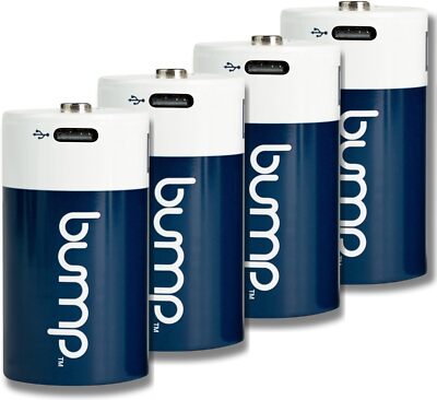 bump 4 Pack D 1.5V Lithium Ion Rechargeable Batteries 12000mWh USB-C Type Cable