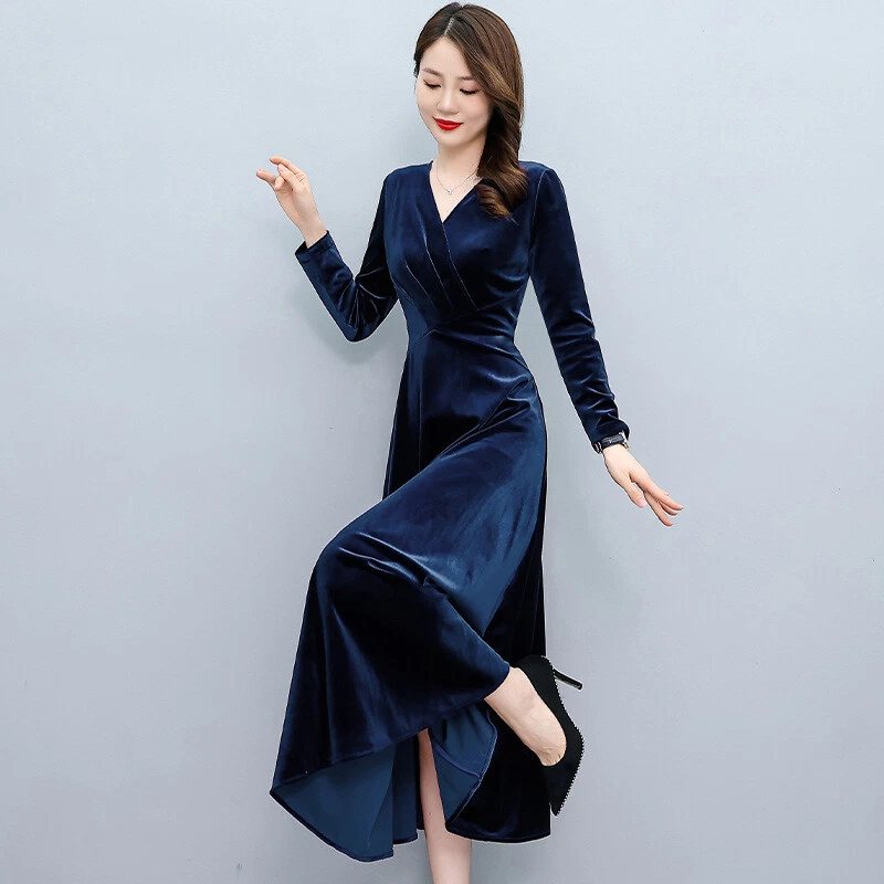 Navy velvet hotsell long sleeve dress