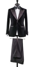Men Black Velvet Suit Designer Grooms Wedding Tuxedo Dinner Suit Coat Pant 
