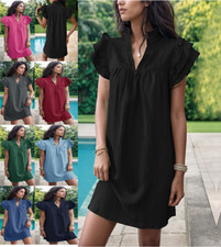 Summer Dresses for Women Stand Neck Cap Sleeve Ruffle Hem Smock Short Dress