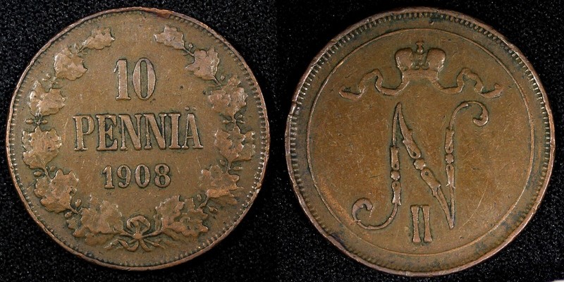 Finland Nicholas II Copper  1908 10 Penniä  Mintage-320,000 VF  KM# 14 (27 150)
