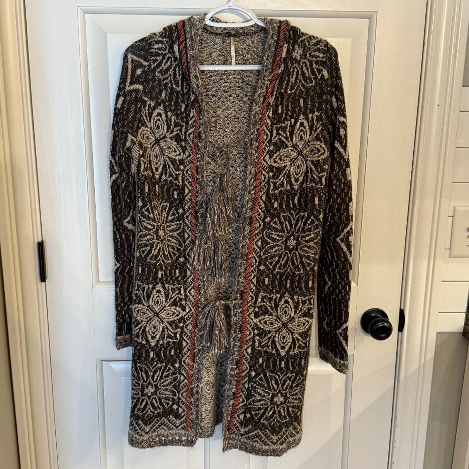 Free People Kai Tassel Pom Pom Tapestry hooded Cardigan Sweater 31732