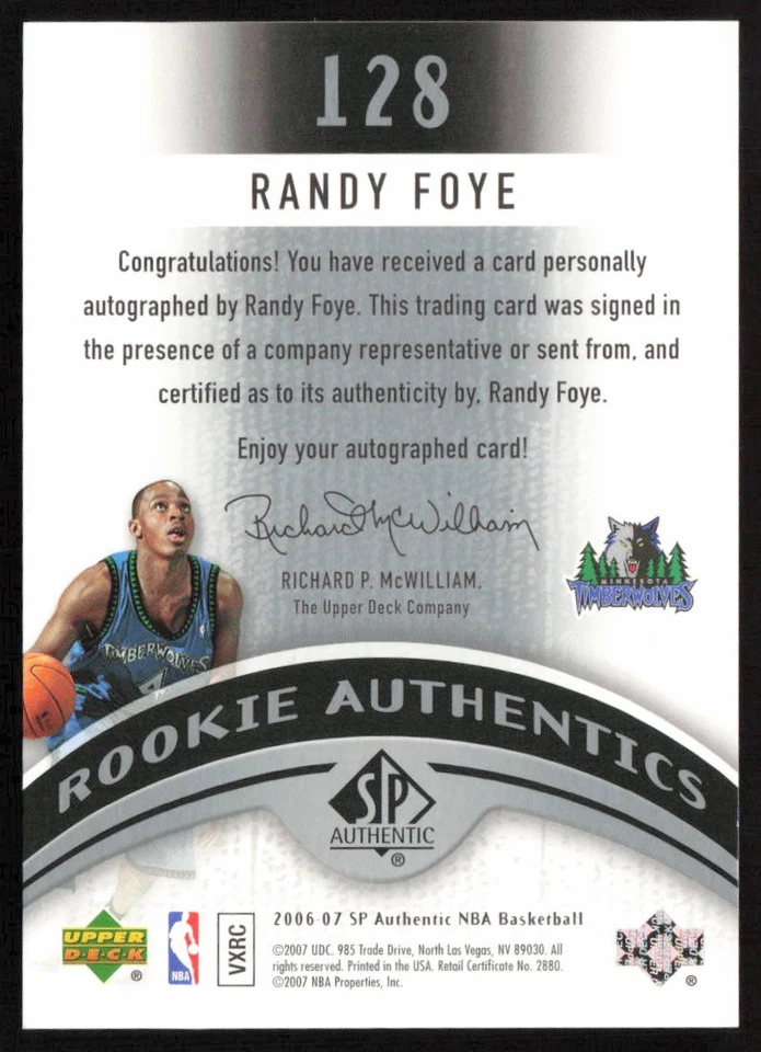 2006-07 SP Authentic Auto /299 Randy Foye #128 Rookie Minnesota Timberwolves - Image 2 of 2