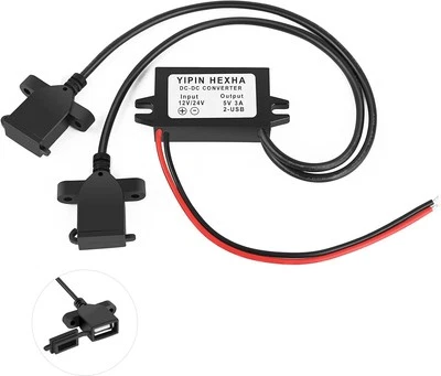 YIPIN HEXHA DC Converter 12V 24V to 5V 3A 15W Dual USB Female Buck Black
