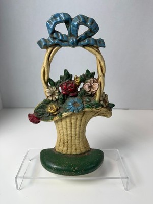 Vintage John Wright Cast Iron Flower Basket Doorstop Blue Bow USA