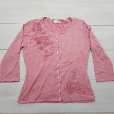 KALIKO Fine Knit Cardigan Jumper Size 12 Pink Floral Stretch Long Sleeve Smart