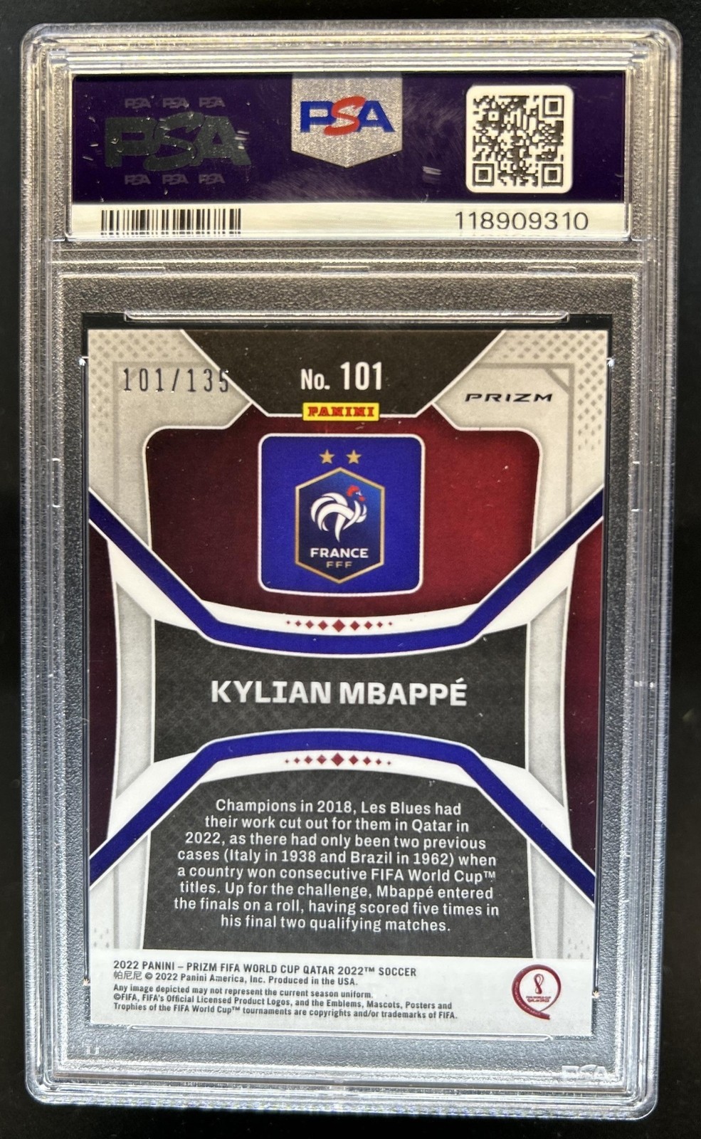 2022-23 Panini Prizm World Cup Kylian Mbappe Choice Blue #/135 France PSA 9 view 2