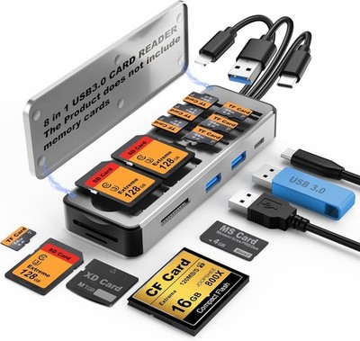 Plug and Play 8-in-1 Memory Card Reader for Fast Data Transfer on Any Device