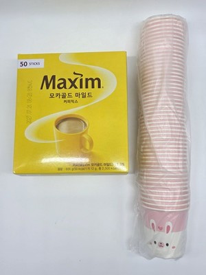 Maxim Mocha Gold Mild Coffee Mix 50 sticks + 50 Cute Rabbit Paper Cups Set