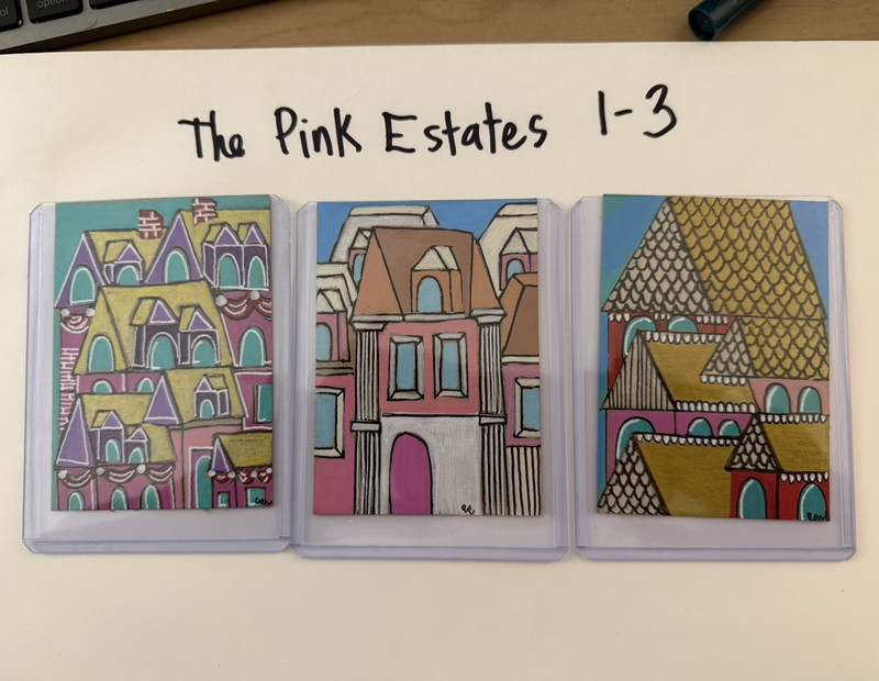 Original ACEO Art Card Lot of 3 Pink Folk Art Series Mini Paintings OOAK 