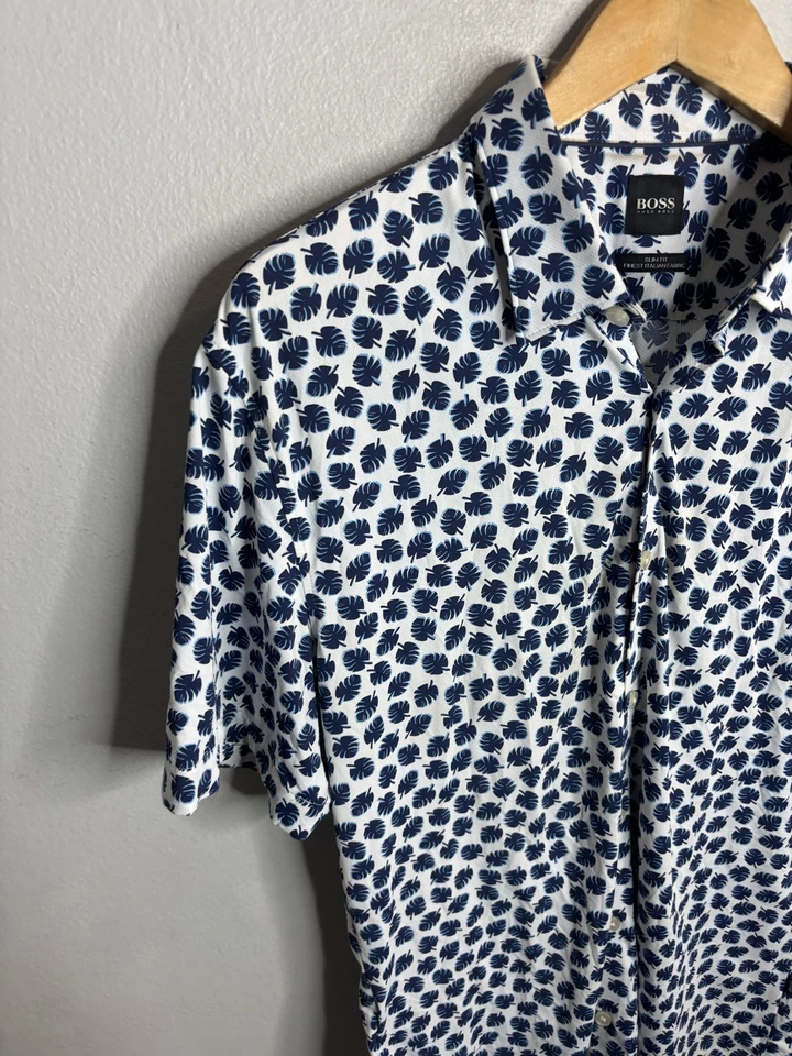 Boss Hugo Boss Shirt Mens Large White Blue Leaf Print Slim Fit ROMN A-L07 - Image 2 of 4